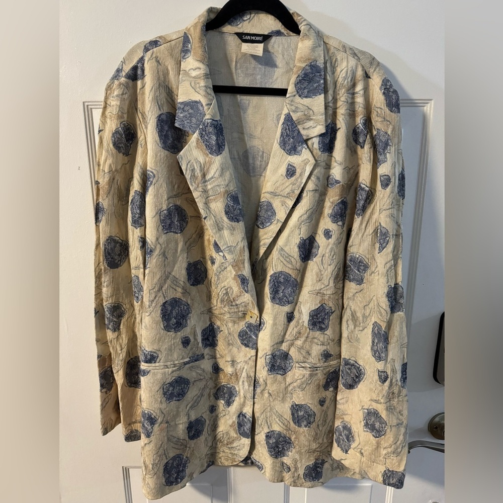 VTG 90’s San Moire Lightweight Blazer Oversized Cream Blue Floral Print Neutral